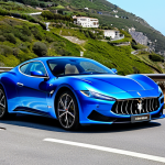 **

A sleek, futuristic Maserati MC20 Electric, fully clothed in a shimmering electric blue paint job, parked on a scenic overlook with a winding coastal highway in the background.  The car should exhibit perfect anatomy and correct proportions.  The environment should be sunny and vibrant. Safe for work, appropriate content, family-friendly, professional car photography, high quality.

**