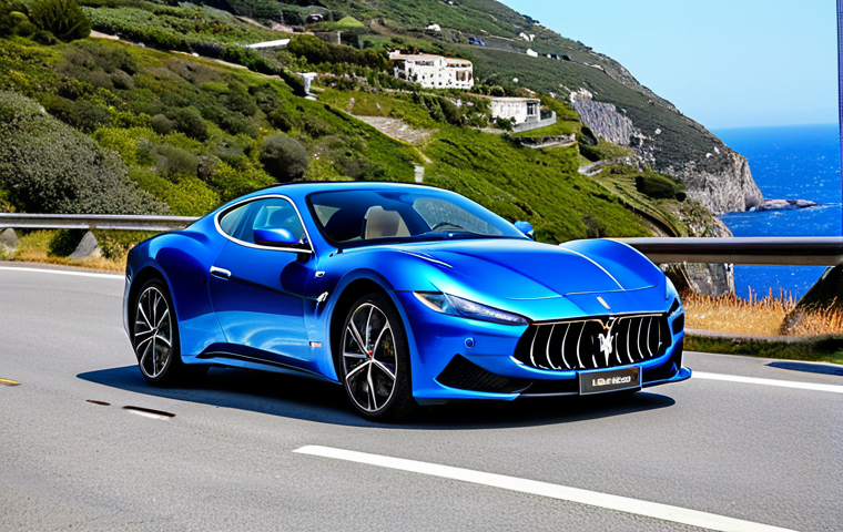 **
A sleek, futuristic Maserati MC20 Electric, fully clothed in a shimmering electric blue paint job, parked on a scenic overlook with a winding coastal highway in the background. The car should exhibit perfect anatomy and correct proportions. The environment should be sunny and vibrant. Safe for work, appropriate content, family-friendly, professional car photography, high quality.
**